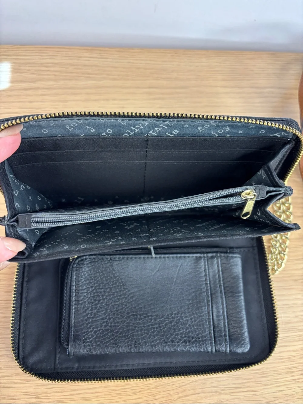 Olivia + Joy Black Faux Leather Wristlet with Gold Chain Strap LIKE NEW